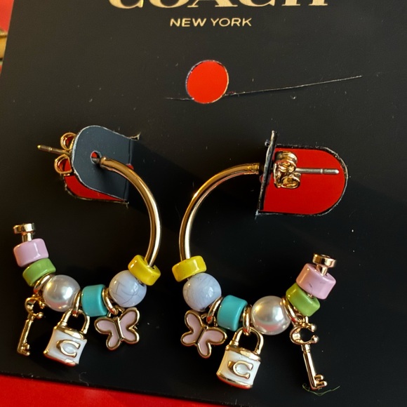 COACH Earrings,Coach Gold Hoop Earrings with Pastel Charms - Picture 6 of 7